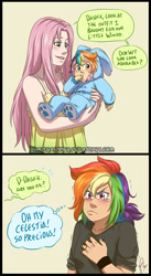 Size: 700x1275 | Tagged: safe, artist:hazurasinner, derpibooru import, fluttershy, rainbow dash, oc, oc:windy belle, human, blushing, bunny costume, bunny pajamas, clothes, comic, crying, cute, dawwww, diabetes, dialogue, female, flutterdash, footed sleeper, hnnng, humanized, lesbian, long hair, magical lesbian spawn, ocbetes, offspring, open mouth, parent:fluttershy, parent:rainbow dash, parents:flutterdash, rainbow hair, ring, shipping, simple background, speech bubble, tanktop, thought bubble