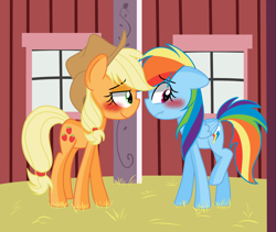 Size: 1808x1523 | Tagged: safe, artist:artypaints, derpibooru import, applejack, rainbow dash, earth pony, pegasus, pony, appledash, barn, blushing, female, lesbian, shipping