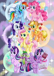 Size: 7015x9933 | Tagged: safe, artist:meganlovesangrybirds, derpibooru import, applejack, fluttershy, pinkie pie, rainbow dash, rarity, spike, starlight glimmer, twilight sparkle, twilight sparkle (alicorn), alicorn, dragon, earth pony, pegasus, pony, unicorn, absurd resolution, book, cowboy hat, female, freckles, friends are always there for you, group, hat, magic, mane seven, mane six, mare, open mouth, smiling, stetson, waving