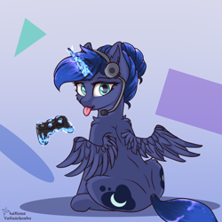 Size: 2480x2480 | Tagged: safe, alternate version, artist:lakunae, princess luna, alicorn, pony, controller, female, headphones, headset, looking at you, looking back, looking back at you, magic, mare, rear view, simple background, sitting, telekinesis, tongue out, wings