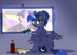 Size: 3500x2480 | Tagged: safe, artist:lakunae, princess luna, twilight sparkle, twilight sparkle (alicorn), alicorn, pony, chips, controller, female, food, game, headphones, headset, looking at you, looking back, looking back at you, magic, mare, rear view, simple background, sitting, telekinesis, tongue out, wings