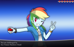 Size: 3794x2391 | Tagged: safe, artist:scarlet-spectrum, derpibooru import, rainbow dash, equestria girls, crossover, grin, peace sign, pokéball, pokémon, solo, wink