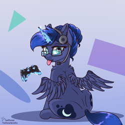 Size: 2480x2480 | Tagged: safe, artist:lakunae, princess luna, alicorn, pony, controller, female, game, glasses, headphones, headset, looking at you, looking back, looking back at you, magic, mare, rear view, simple background, sitting, telekinesis, tongue out, wings