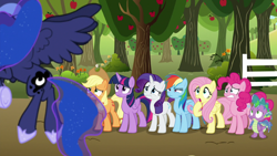 Size: 1920x1080 | Tagged: safe, screencap, applejack, fluttershy, pinkie pie, princess luna, rainbow dash, rarity, spike, twilight sparkle, twilight sparkle (alicorn), alicorn, dragon, earth pony, pegasus, pony, unicorn, between dark and dawn, apple, apple tree, mane six, tree, winged spike