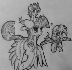 Size: 1024x1005 | Tagged: dead source, safe, artist:themoonraven, rainbow dash, twilight sparkle, twilight sparkle (alicorn), oc, oc:northern light, alicorn, pegasus, pony, female, filly, flying, heart, lesbian, magical lesbian spawn, mare, monochrome, offspring, parent:rainbow dash, parent:twilight sparkle, parents:twidash, shipping, twidash