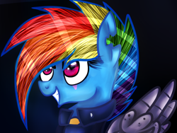 Size: 1024x768 | Tagged: safe, artist:pexxastar, derpibooru import, rainbow dash, pegasus, pony, the cutie re-mark, alternate hairstyle, alternate timeline, alternate universe, badass, smiling, solo