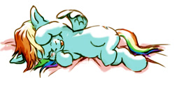 Size: 1000x500 | Tagged: safe, artist:garaganzya, rainbow dash, pegasus, pony, :p, bed, blushing, covering, cute, dashabetes, eyes closed, filly, filly rainbow dash, smiling, solo, tongue out