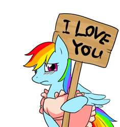 Size: 468x498 | Tagged: safe, artist:norang94, rainbow dash, pegasus, pony, apron, blushing, bronybait, clothes, housewife, housewife rainbow dash, love, rainbow dash always dresses in style, sign, simple background, solo, tomboy taming