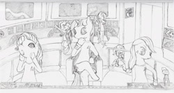 Size: 3275x1751 | Tagged: safe, artist:lordspiffy, derpibooru import, applejack, fluttershy, pinkie pie, princess celestia, rainbow dash, rarity, twilight sparkle, alicorn, earth pony, pegasus, pony, unicorn, bridge, crossover, enterprise, freckles, mane six, monochrome, pencil drawing, ponified, star trek, starry eyes, traditional art, vulcan neck pinch