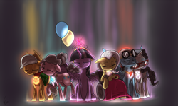 Size: 2000x1200 | Tagged: safe, artist:valcron, derpibooru import, applejack, discord, fluttershy, pinkie pie, rainbow dash, rarity, twilight sparkle, twilight sparkle (alicorn), alicorn, earth pony, pegasus, pony, unicorn, balloon, big crown thingy, elderly, element of generosity, element of harmony, element of honesty, element of kindness, element of laughter, element of loyalty, element of magic, elements of harmony, female, glasses, good end, mane six, mare, old, older, rarity's glasses, wheelchair