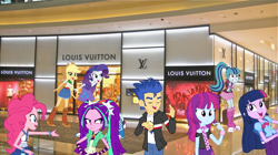 Size: 640x358 | Tagged: safe, artist:thunderpie, derpibooru import, applejack, aria blaze, flash sentry, mystery mint, pinkie pie, rainbow dash, rarity, sonata dusk, twilight sparkle, equestria girls, dubai, equestria girls in real life, happy, irl, louis vuitton, photo, shopping, talking, the dubai mall, united arab emirates