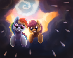 Size: 1250x1000 | Tagged: safe, artist:kallarmo, derpibooru import, rainbow dash, scootaloo, pegasus, pony, cloud, rain, scootalove