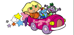 Size: 610x294 | Tagged: safe, derpibooru import, applejack, megan williams, rainbow dash, spike, barely pony related, boots, car, crossover, dora the explorer, driving, pinkie pie's rc car, tico