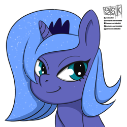 Size: 1500x1500 | Tagged: safe, artist:oldskullkid, princess luna, alicorn, pony, bust, commission, female, horn, jewelry, mare, portrait, regalia, s1 luna, simple background, smiling, solo, tiara, transparent background