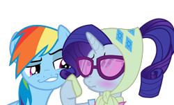 Size: 2970x1800 | Tagged: safe, rainbow dash, rarity, pegasus, pony, unicorn, blushing, camping outfit, female, glasses, lesbian, raridash, scrunchy face, shipping, simple background, smugdash, sunglasses, transparent background, vector