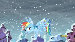 Size: 1920x1080 | Tagged: safe, derpibooru import, screencap, rainbow dash, pegasus, pony, the crystalling, discovery family logo, freezing, snow, snowfall