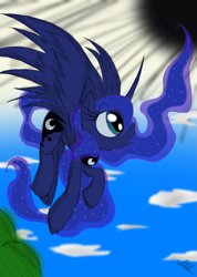 Size: 985x1385 | Tagged: safe, artist:didun850, princess luna, alicorn, pony, cloud, ethereal mane, female, flying, looking up, mare, solo, starry mane