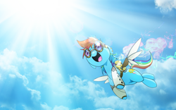 Size: 2560x1600 | Tagged: safe, artist:steamcrafters, rainbow dash, pegasus, pony, artificial wings, augmented, flying, goggles, lens flare, mechanical wing, sky, solo, steampunk, wallpaper, wings