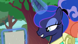 Size: 1920x1080 | Tagged: safe, screencap, princess luna, alicorn, pony, between dark and dawn, alternate hairstyle, eyeshadow, female, glowing horn, grin, hair bun, horn, levitation, lidded eyes, luggage, magic, makeup, map, mare, schedule, smiling, solo, telekinesis