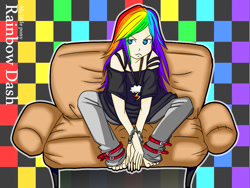 Size: 1024x768 | Tagged: safe, artist:194286, rainbow dash, human, humanized, light skin, pixiv, sitting, sofa, solo