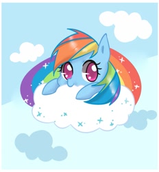 Size: 851x916 | Tagged: safe, artist:dun, rainbow dash, pegasus, pony, cloud, cloudy, cute, dashabetes, leaning, looking at you, nom, pixiv, prone, smiling, solo, sparkles