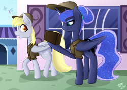 Size: 5863x4200 | Tagged: safe, artist:kids-in-the-corner, artist:those kids in the corner, derpy hooves, princess luna, alicorn, pegasus, pony, alternate hairstyle, annoyed, box, bun, canterlot, clothes, duo, duo female, female, hair bun, happy, hat, kite, mailmare, profile, that pony sure does love the post office, uniform, walking