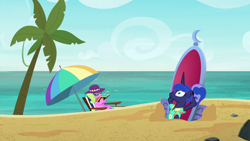 Size: 1920x1080 | Tagged: safe, screencap, daisy, flower wishes, princess luna, alicorn, earth pony, pony, between dark and dawn, beach, female, mare