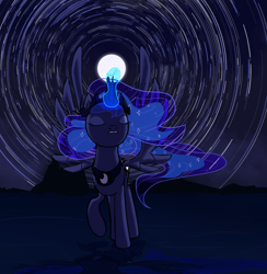 Size: 2928x3000 | Tagged: safe, artist:thehuskylord, princess luna, alicorn, pony, colored, crown, dark background, eyes closed, eyeshadow, jewelry, magic, makeup, moon, mountain, night, ocean, regalia, shading, sky, solo, spread wings, stars, timelapse, wings