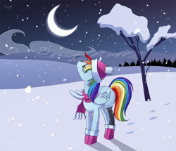 Size: 2000x1717 | Tagged: safe, artist:margony, rainbow dash, pegasus, pony, clothes, hat, scarf, snow, snowfall, solo