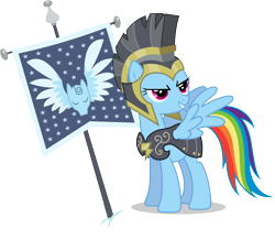 Size: 5930x5160 | Tagged: safe, artist:90sigma, commander hurricane, rainbow dash, pegasus, pony, hearth's warming eve (episode), absurd resolution, armor, banner, female, flag, hanging banner, hearth's warming eve, helmet, mare, pegasopolis, simple background, snow, solo, transparent background, vector