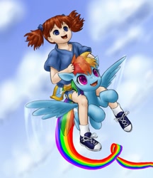 Size: 845x978 | Tagged: safe, artist:alloyrabbit, rainbow dash, human, child, flying, humans riding ponies, riding, smiling