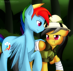 Size: 884x863 | Tagged: safe, artist:hikariviny, daring do, rainbow blitz, rainbow dash, pegasus, pony, daring don't, :t, bandage, blushing, clothes, daringblitz, daringdash, embarrassed, female, floppy ears, half r63 shipping, male, pouting, rule 63, shipping, smiling, straight, tsundaring, tsundere