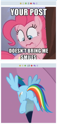 Size: 260x560 | Tagged: safe, derpibooru import, screencap, pinkie pie, rainbow dash, earth pony, pegasus, pony, derpibooru, exploitable meme, female, image macro, juxtaposition, juxtaposition win, mare, meme, meta, plot