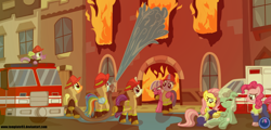 Size: 1280x614 | Tagged: safe, artist:template93, derpibooru import, applejack, fluttershy, pinkie pie, rainbow dash, rarity, spike, twilight sparkle, dragon, earth pony, pegasus, pony, unicorn, fire, firefighter, hose, injured, mane seven, mane six, truck