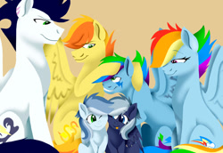 Size: 1024x704 | Tagged: safe, artist:colourstrike, derpibooru import, rainbow dash, soarin', oc, oc:lightning sky, oc:rainy twist, oc:speedy blue, oc:spirit, pegasus, pony, adopted offspring, backwards cutie mark, family photo, female, male, offspring, parent:rainbow dash, parent:soarin', parents:soarindash, shipping, simple background, soarindash, straight