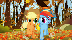 Size: 1280x720 | Tagged: safe, derpibooru import, screencap, applejack, rainbow dash, earth pony, pegasus, pony, blonde mane, blue coat, blue wings, duo, female, mare, multicolored mane, orange coat, wings