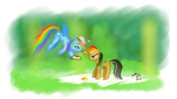 Size: 1024x573 | Tagged: safe, daring do, rainbow dash, pegasus, pony, heart, paint, paint in hair, unamused