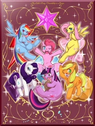 Size: 1570x2080 | Tagged: safe, artist:shiron, derpibooru import, applejack, fluttershy, pinkie pie, rainbow dash, rarity, twilight sparkle, earth pony, pegasus, pony, unicorn, mane six, pixiv