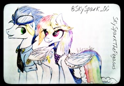 Size: 635x444 | Tagged: safe, artist:skysparkthepegasus, rainbow dash, soarin', pegasus, pony, female, male, shipping, soarindash, straight, traditional art