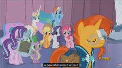 Size: 1278x717 | Tagged: safe, derpibooru import, screencap, applejack, pinkie pie, princess celestia, rainbow dash, rarity, spike, starlight glimmer, sunburst, alicorn, dragon, earth pony, pegasus, pony, unicorn, the crystalling, book, discovery family logo, levitation, magic, meme, telekinesis, wizard, youtube caption, youtube link