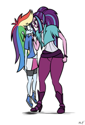 Size: 693x1020 | Tagged: safe, artist:mayde-m, derpibooru import, aria blaze, rainbow dash, equestria girls, angry, clothes, height difference, imminent beatdown, long hair, looking at each other, oh crap, open mouth, simple background, this will end in pain, this will end in tears, white background, wide hips