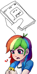 Size: 542x1064 | Tagged: safe, artist:aisureimi, derpibooru import, edit, rainbow dash, oc, oc:anon, human, /mlp/, cell, cellphone, clothes, crying, dialogue, eyes on the prize, fanfic art, female, heart, humanized, inverted mouth, meme, open mouth, phone, sad, shirt, solo, teeth, ur a faget, vulgar