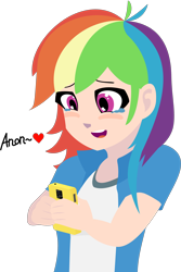 Size: 2000x3000 | Tagged: safe, artist:alcesmire, derpibooru import, edit, rainbow dash, oc, oc:anon, human, /mlp/, cell, cellphone, clothes, crying, dialogue, eyes on the prize, fanfic art, female, heart, humanized, open mouth, phone, shirt, smiling, solo, tears of joy, teeth