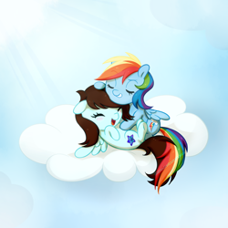 Size: 1000x1000 | Tagged: safe, artist:0biter, derpibooru import, rainbow dash, oc, oc:linormusicbeat, pegasus, pony, cloud, cuddling, hug, snuggling