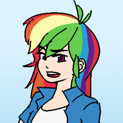 Size: 582x582 | Tagged: artist needed, safe, derpibooru import, rainbow dash, human, clothes, human coloration, humanized, looking at you, open mouth, shirt, solo, teeth