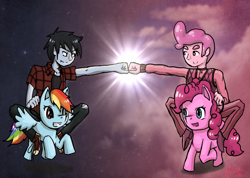 Size: 1310x931 | Tagged: safe, artist:midoriflygon, derpibooru import, pinkie pie, rainbow dash, earth pony, pegasus, pony, adventure time, crossover, hoofbump, marshall lee, prince gumball, rule 63