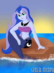 Size: 1508x2016 | Tagged: safe, artist:cyber-murph, princess luna, vice principal luna, mermaid, equestria girls, bandeau, beach, belly, belly button, jewelry, long hair, looking at you, mermaid tail, mermaidized, midriff, necklace, ocean, rock, sitting, species swap, sunset