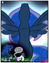 Size: 3500x4500 | Tagged: safe, artist:becauseimpink, elusive, prince artemis, princess luna, rarity, alicorn, pony, unicorn, comic:transition, bowing, comic, ethereal mane, flying, hoof shoes, looking down, male, raised hoof, rule 63, speech, stallion, starry mane, transgender