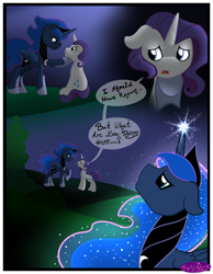 Size: 3500x4500 | Tagged: safe, artist:becauseimpink, elusive, prince artemis, princess luna, rarity, alicorn, pony, unicorn, comic:transition, comic, ethereal mane, hoof shoes, jewelry, looking up, male, night, raised hoof, rule 63, speech, stallion, starry mane, stars, tiara, transgender