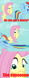 Size: 590x1591 | Tagged: safe, edit, edited screencap, screencap, fluttershy, rainbow dash, pegasus, pony, caption, comic, do she got a booty, female, mare, out of context, screencap comic